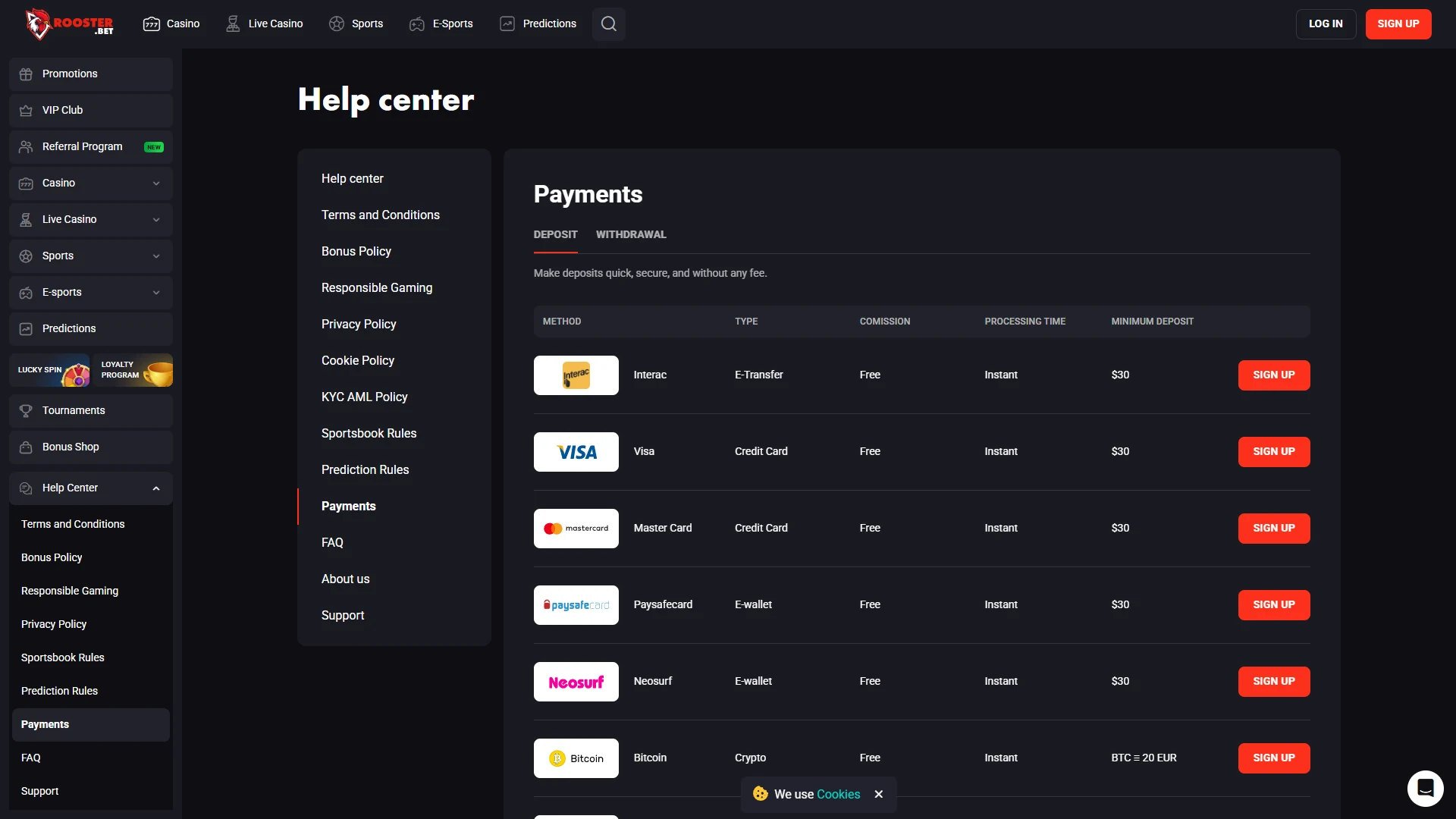Rooster Bet payment methods